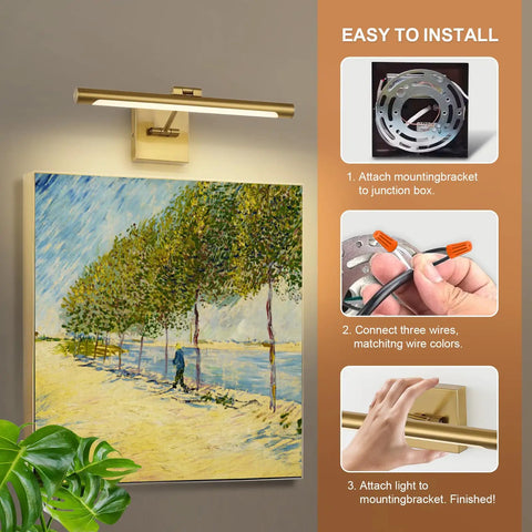 Installation guide for Dimmable LED Picture Light With Swing Arm, 16.5 Inch Dope Brass Finish Wall Lamp, highlighting three steps.
