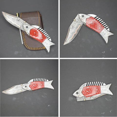 Damascus Steel Folding Knife With Ladder Pattern Blade And Copper Fish Style Handle, brass grip, leather sheath, knife open.
