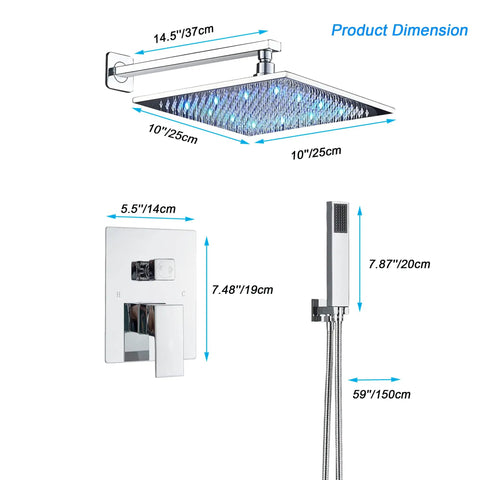 Two Way Chrome Shower System With 10 Inch LED Rain Head Wall Mounted Handheld Sprayer Brass Valve Rough In Body dimensions