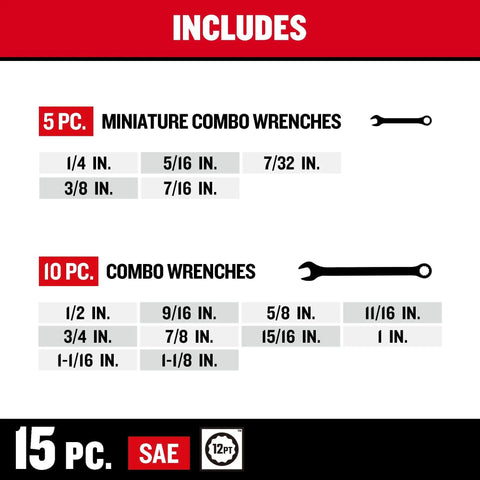 Image showing 5-piece miniature combo wrenches and 10-piece combo wrenches. Part of Wrench Set 32-Piece SAE And Metric With 12-Point Box End.