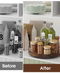 Two Pack 9 Inch And 10 Inch Wooden Lazy Susan Turntables For Tabletop Cabinet Kitchen Pantry And Vanity, Grab And Go Space Saving Spinning Organizer For Spices And Snacks, showcasing organized spices and oils in kitchen cabinet before and after.