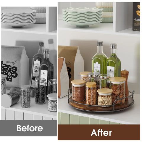 Two Pack 9 Inch And 10 Inch Wooden Lazy Susan Turntables For Tabletop Cabinet Kitchen Pantry And Vanity, Grab And Go Space Saving Spinning Organizer For Spices And Snacks, showcasing organized spices and oils in kitchen cabinet before and after.