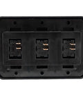 Back view of Triple SPST On Off Switch With Bezel For RVs Trailers Campers And Boats 12 Volt 16 Amp 125 250 VAC Black UL CSA VDE Listed