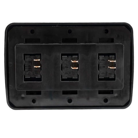 Back view of Triple SPST On Off Switch With Bezel For RVs Trailers Campers And Boats 12 Volt 16 Amp 125 250 VAC Black UL CSA VDE Listed