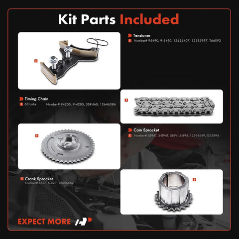 Engine Timing Chain Kit With Tensioner For OHV V8 Engines 4.3L-6.2L showing parts: tensioner, timing chain, cam and crank sprockets