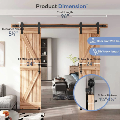 Rock Solid Eight Foot Double Sliding Barn Door Track Hardware Kit With Straight Pulley And Hella Smooth Quiet Rollers dimensions, track length 96 in, fits 24 in wide doors