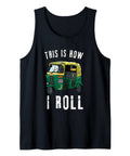Street Ready Asian Tuk Tuk Rickshaw Graphic Tank Top Lightweight Cotton Tee For Men And Women Cruising Bangkok Scooters and Riding The Block All Summer Long, black tank top with tuk tuk graphic.