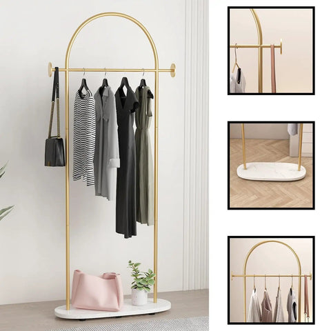 Gold Clothing Rack With Shelf, Heavy Duty Freestanding Coat Rack, Metal Hanger Stand With Hooks For Boutique Office, Space Saving