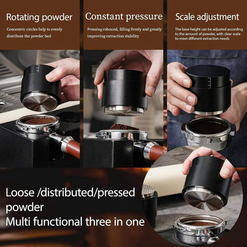 Pro Stainless Steel 58mm Coffee Distributor And Tamper With Slow Rebound Spring crush channeling in action for precise espresso.