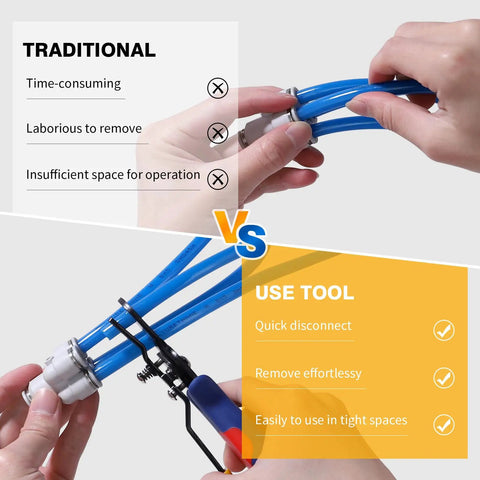 Comparison of traditional and must have air line removal tool for quarter inch and five sixteenths inch push to connect fittings use