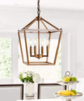 Kickstart Your Space With This Totally Rad Antique Gold 4 Light Pendant Ceiling Fixture Featuring A 12 Inch Caged Lantern Design And Bright Energy Saving LEDs For Easy Install And Smooth Dining Room Vibes, showcasing a 4-light caged pendant in an elegant dining setting.