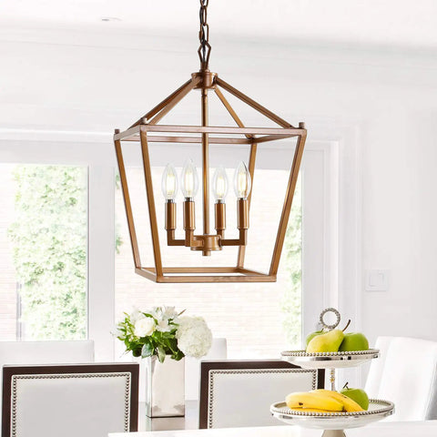 Kickstart Your Space With This Totally Rad Antique Gold 4 Light Pendant Ceiling Fixture Featuring A 12 Inch Caged Lantern Design And Bright Energy Saving LEDs For Easy Install And Smooth Dining Room Vibes, showcasing a 4-light caged pendant in an elegant dining setting.