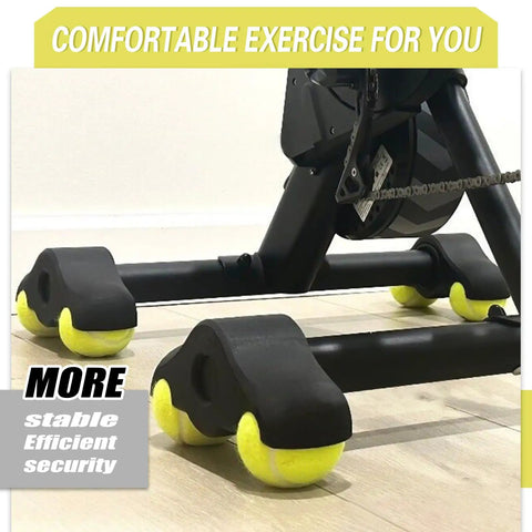 4 Pack Bike Trainer Rocker Feet With 8 Tennis Ball Dampeners showing stable fit for smart bikes and home gyms