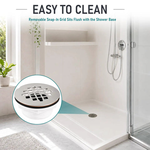 Slick Two Inch No Caulk Pvc Compression Shower Drain With Four Point Two Five Inch Knockout Steel Grate and Zero Drama Leakproof Seal for easy cleaning.