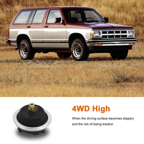 BEAMINGAUTO 4WD differential vacuum actuator; black cap with brass port; side view of beige Chevrolet Blazer SUV 2 items.
