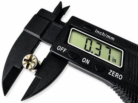 Digital caliper measuring bolt from Beefed Up Barrel Nut And Bolt Fastener Set For Furniture, Heavy Duty Cross Dowel Connectors Kit