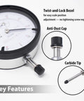 Front view of a dial indicator with magnetic base holder, 0–1 inch range, metal body.