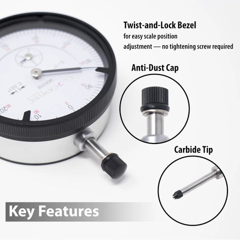 Front view of a dial indicator with magnetic base holder, 0–1 inch range, metal body.