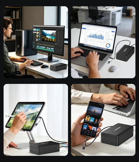 Dual Bay Raid Enclosure For 2.5 And 3.5 In Sata Hdd Ssd Aluminum External Dock With Fast USB 3.0 Port in a creative workspace setting.