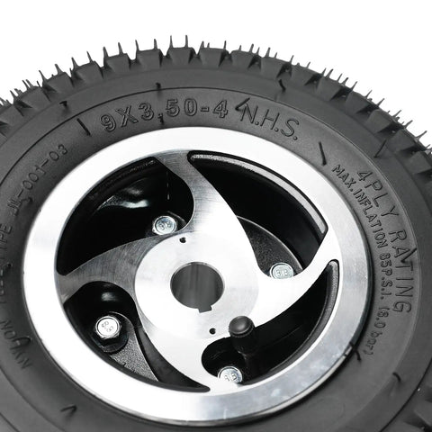 Close-up of 9x3.50-4 rear wheel and tire for Rear Drive Axle Transaxle With 24V 350W Brush Electric Motor DIY upgrades