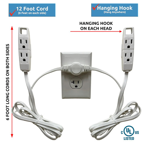 Twin Extension Cord Power Strip With Wall Hugger Flat Head 12 Foot Cord Split Into 6 Ft Each End Six Polarized Outlets