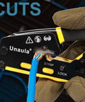 Close-up of All In One RJ45 Pass Through Ethernet Crimp Tool Kit For Cat5 Cat5e Cat6 Cables RJ11 RJ12 Compatible With Wire Stripping Cutting