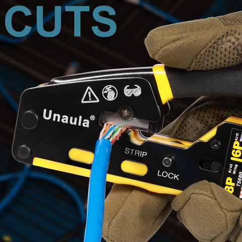 Close-up of All In One RJ45 Pass Through Ethernet Crimp Tool Kit For Cat5 Cat5e Cat6 Cables RJ11 RJ12 Compatible With Wire Stripping Cutting