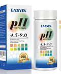 Must Have At Home pH Test Strips 4.5 To 9.0, 200 Count Litmus Paper For Urine And Saliva next to packaging and color chart