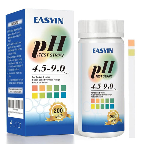 Must Have At Home pH Test Strips 4.5 To 9.0, 200 Count Litmus Paper For Urine And Saliva next to packaging and color chart