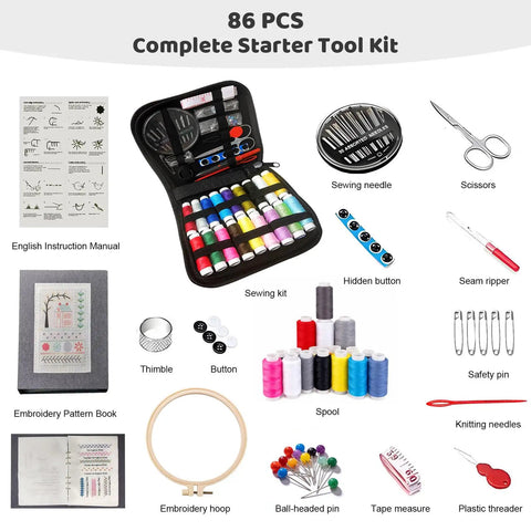 86 PCS Complete Starter Tool Kit with Beginner's Embroidery Stitch Book Kit With 138 Patterns, Embroidery Hoop, and Tools