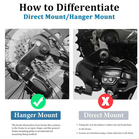 Comparison of hanger mount and direct mount rear derailleur focusing on RD TY300 SGS 6 to 7 speed installation for hybrid bikes