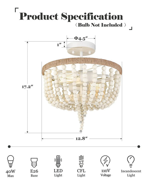 Boho Birch Wood Beaded Chandelier Flush Mount Ceiling Light With Rustic Charm, 13 Inch 2 Light Fixture dimensions and specs