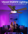 Ceiling Fans,46" RGB Low Profile Ceiling Fans with Lights, Wood-like Blades in a living room with vibrant RGB lighting.