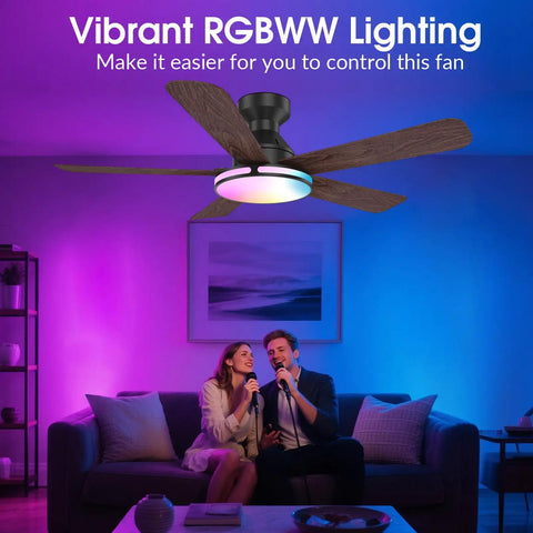 Ceiling Fans,46" RGB Low Profile Ceiling Fans with Lights, Wood-like Blades in a living room with vibrant RGB lighting.