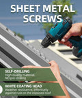 Installing No 8 Truss Head Self Drilling Screws Kit With White Heads on metal sheet using a Phillips drive drill.