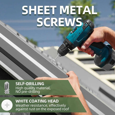Installing No 8 Truss Head Self Drilling Screws Kit With White Heads on metal sheet using a Phillips drive drill.