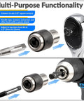 Ratcheting Tap Socket Set Two Pack With Adjustable Jaws For Tight Spaces Three Eighths Inch Drive Tap Holder Compatible With Taps Reamers And Screw Extractors Cr Mo Steel For Engine Repair And DIY Projects, shown with drill and wrench attachments.