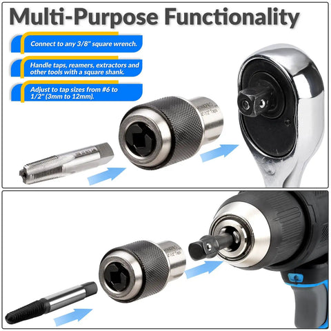 Ratcheting Tap Socket Set Two Pack With Adjustable Jaws For Tight Spaces Three Eighths Inch Drive Tap Holder Compatible With Taps Reamers And Screw Extractors Cr Mo Steel For Engine Repair And DIY Projects, shown with drill and wrench attachments.
