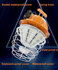 150W LED Work Light With 24750 Lumens Of Daylight 5000K, IP65 Dust And Waterproof, shown with steel guard and hanging hook