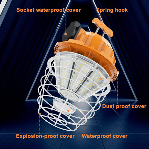 150W LED Work Light With 24750 Lumens Of Daylight 5000K, IP65 Dust And Waterproof, shown with steel guard and hanging hook