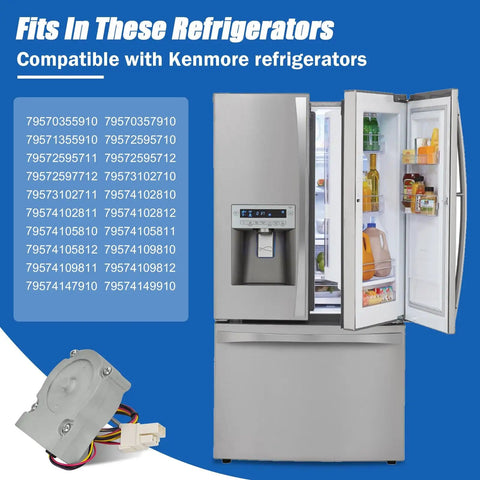 Open Kenmore refrigerator with compatible Refrigerator Evaporator Fan Motor Assembly For LG And Kenmore Easy Drop In Replacement