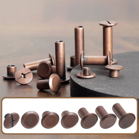 Heavy Duty Chicago Screws And Leather Rivets 110 Set Kit With Install Tools showing antique copper rivets on a wooden surface.