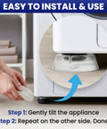 Installing 4 Pack Silicone Washer Anti Vibration Pads Stabilizer Feet under a washing machine for noise reduction and stability.