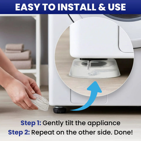 Installing 4 Pack Silicone Washer Anti Vibration Pads Stabilizer Feet under a washing machine for noise reduction and stability.