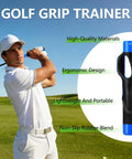 Grip Trainer For Golf To Level Up Your Hand Position And Build Muscle Memory For A Consistent Swing For Beginners And Intermediate Golfers With Realistic Feedback And An Easy To Use Design next to golfer in white outfit