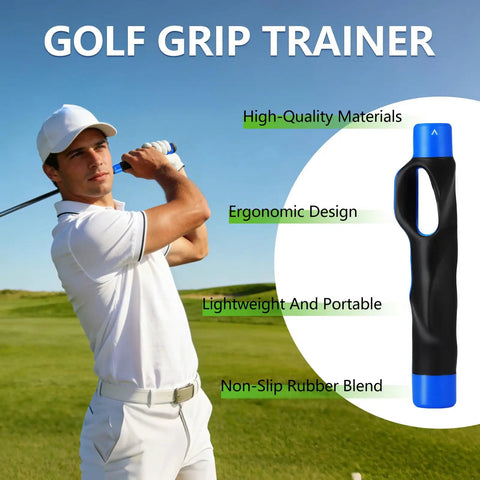 Grip Trainer For Golf To Level Up Your Hand Position And Build Muscle Memory For A Consistent Swing For Beginners And Intermediate Golfers With Realistic Feedback And An Easy To Use Design next to golfer in white outfit