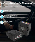 Man using vLinker MC Plus OBDII Bluetooth Adapter for Car All Systems Diagnostic with wireless connection to smartphone