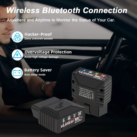 Man using vLinker MC Plus OBDII Bluetooth Adapter for Car All Systems Diagnostic with wireless connection to smartphone
