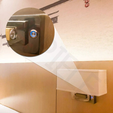 19mm Latching Push Button Switch with Angel Eye LED installed on wooden panel, close-up of 12V DC Blue 1NO1NC SPDT Metal Body switch.