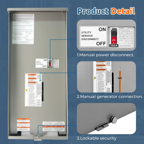 200 Amp Automatic Transfer Switch With Power Management For Whole Home Backup Power, Seamless Outage Switchover, Service Entrance Rated, NEMA 3R Aluminum Enclosure, Heavy Duty Home Load Handling, Easy To Install. Aluminum transfer switch panel with 200A disconnect and lockable lever